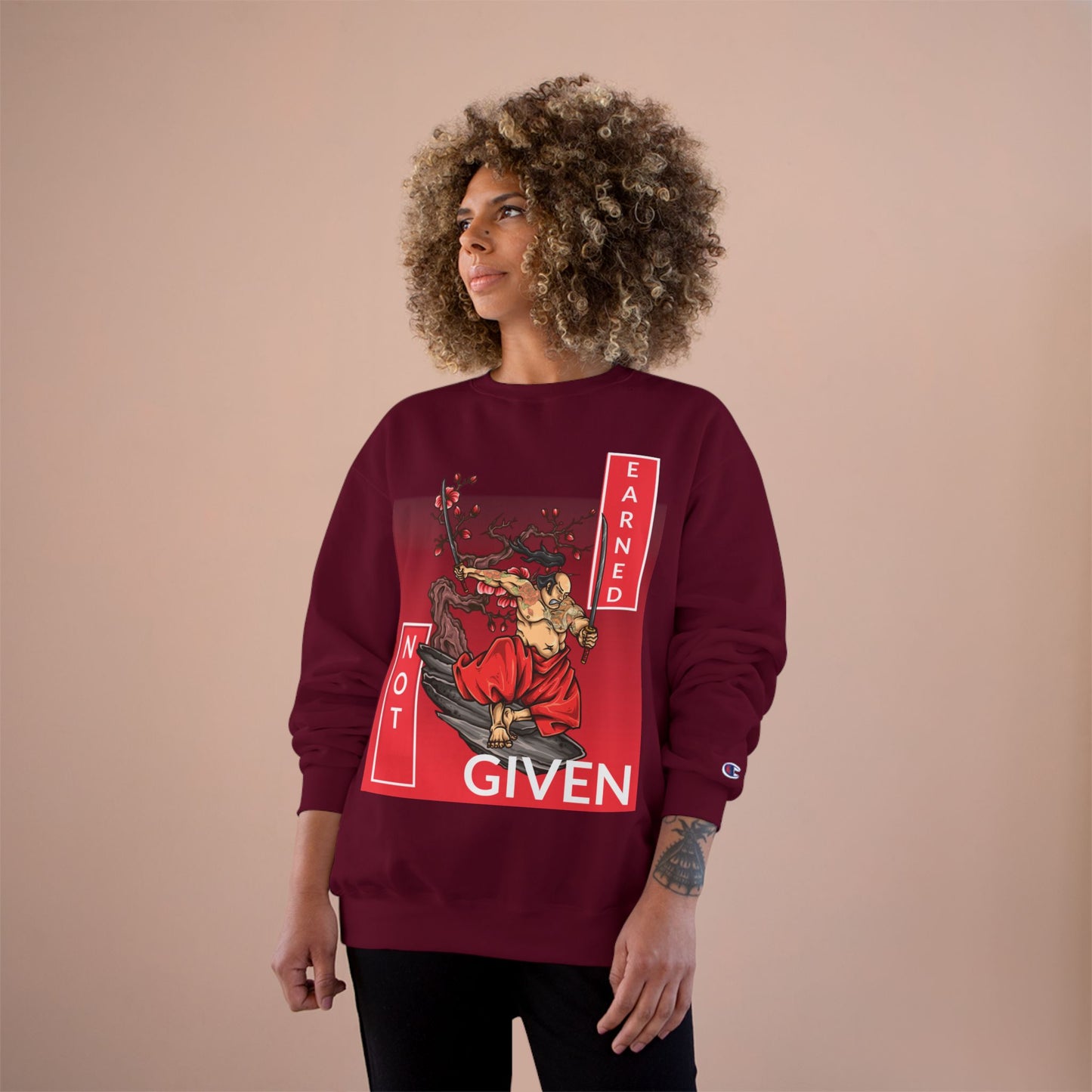 Champion sweatshirt™ Not Given Earned samurai illustration Sweatshirt | Japanese warrior, cherry blossom