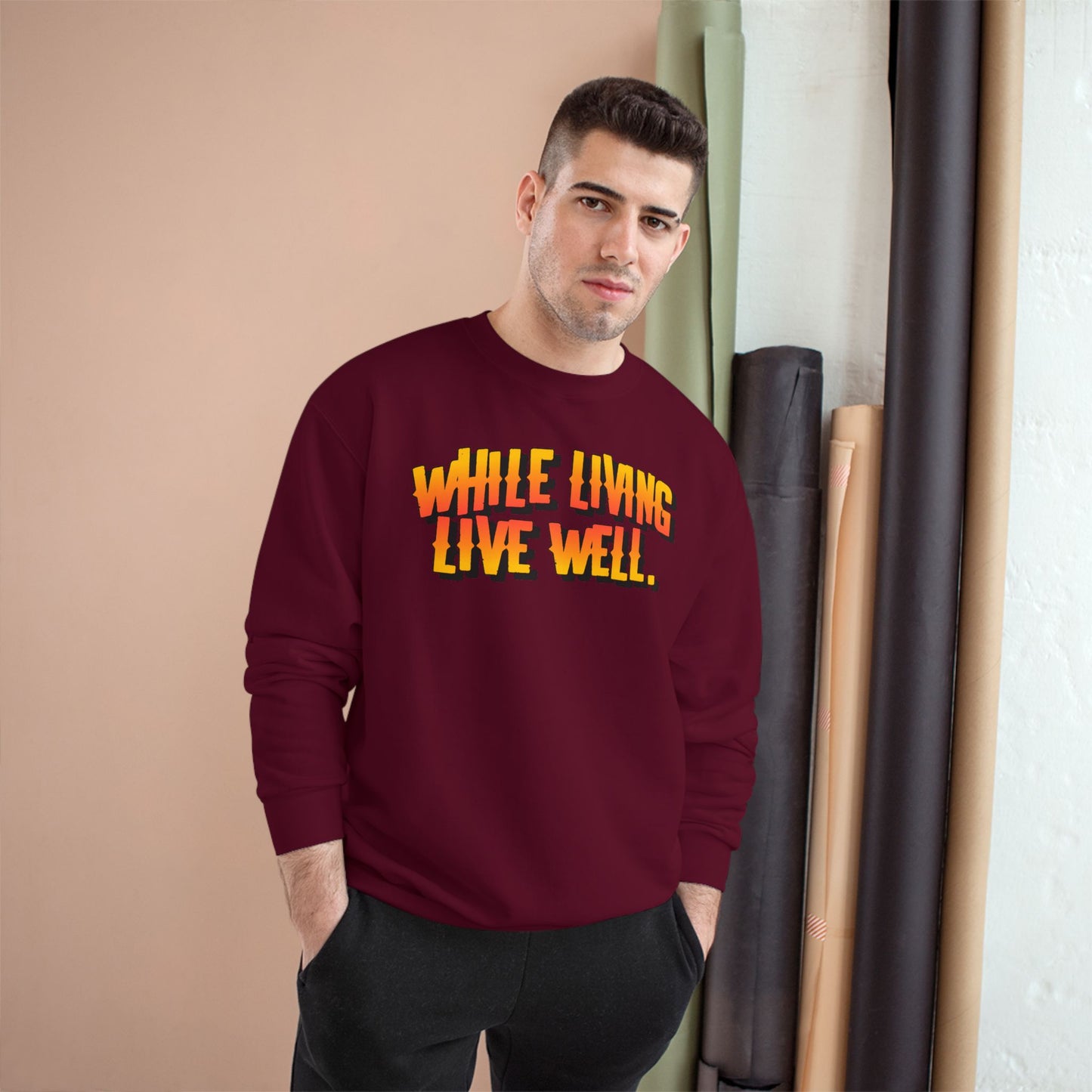 While Living Live Well sweatshirt | Retro 3D text, motivational slogan