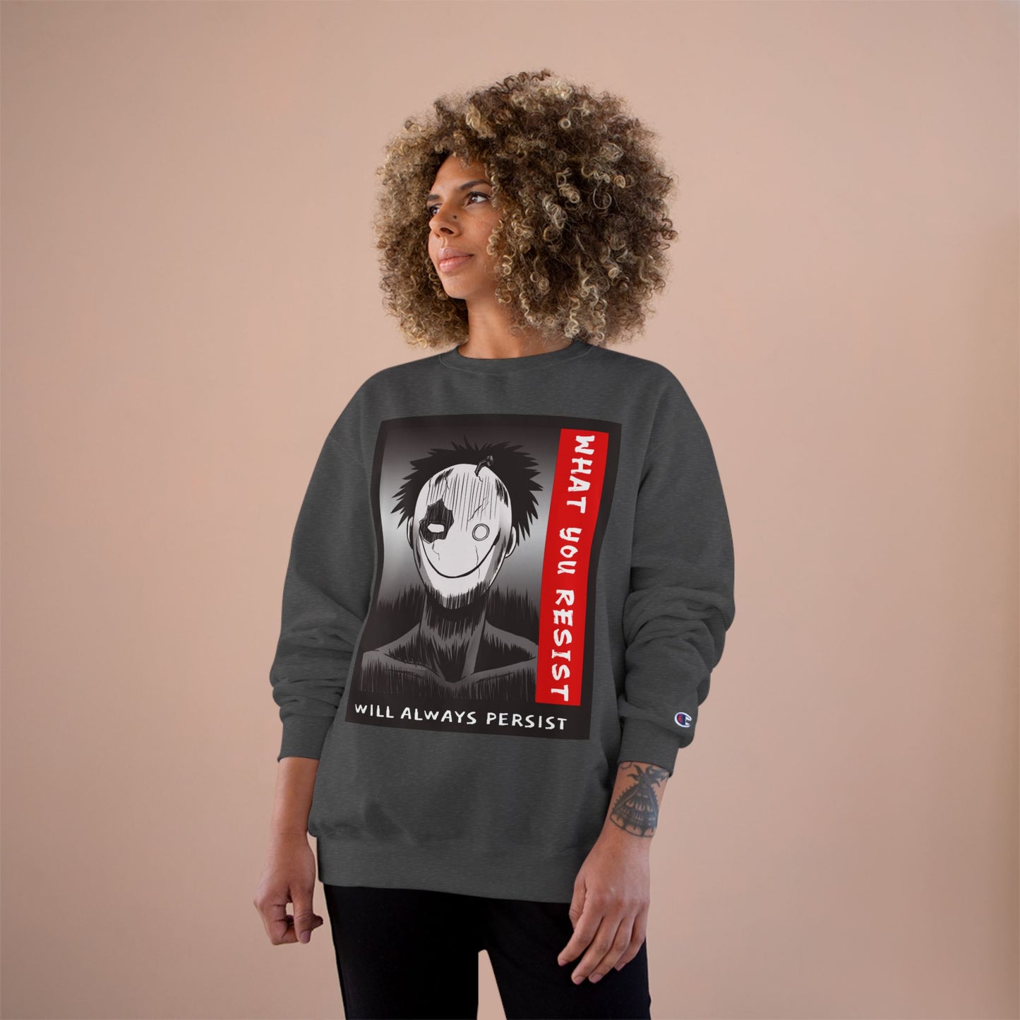 Creepy Smiling Mask Character Sweatshirt | "What You Resist" Graphic