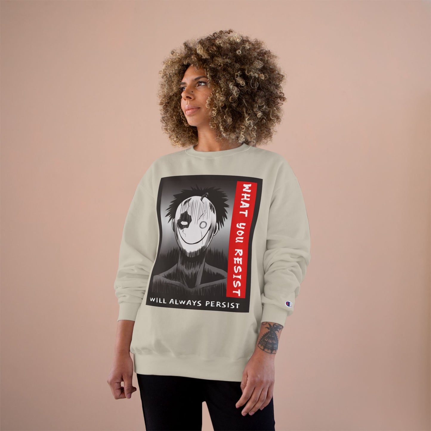 Creepy Smiling Mask Character Sweatshirt | "What You Resist" Graphic
