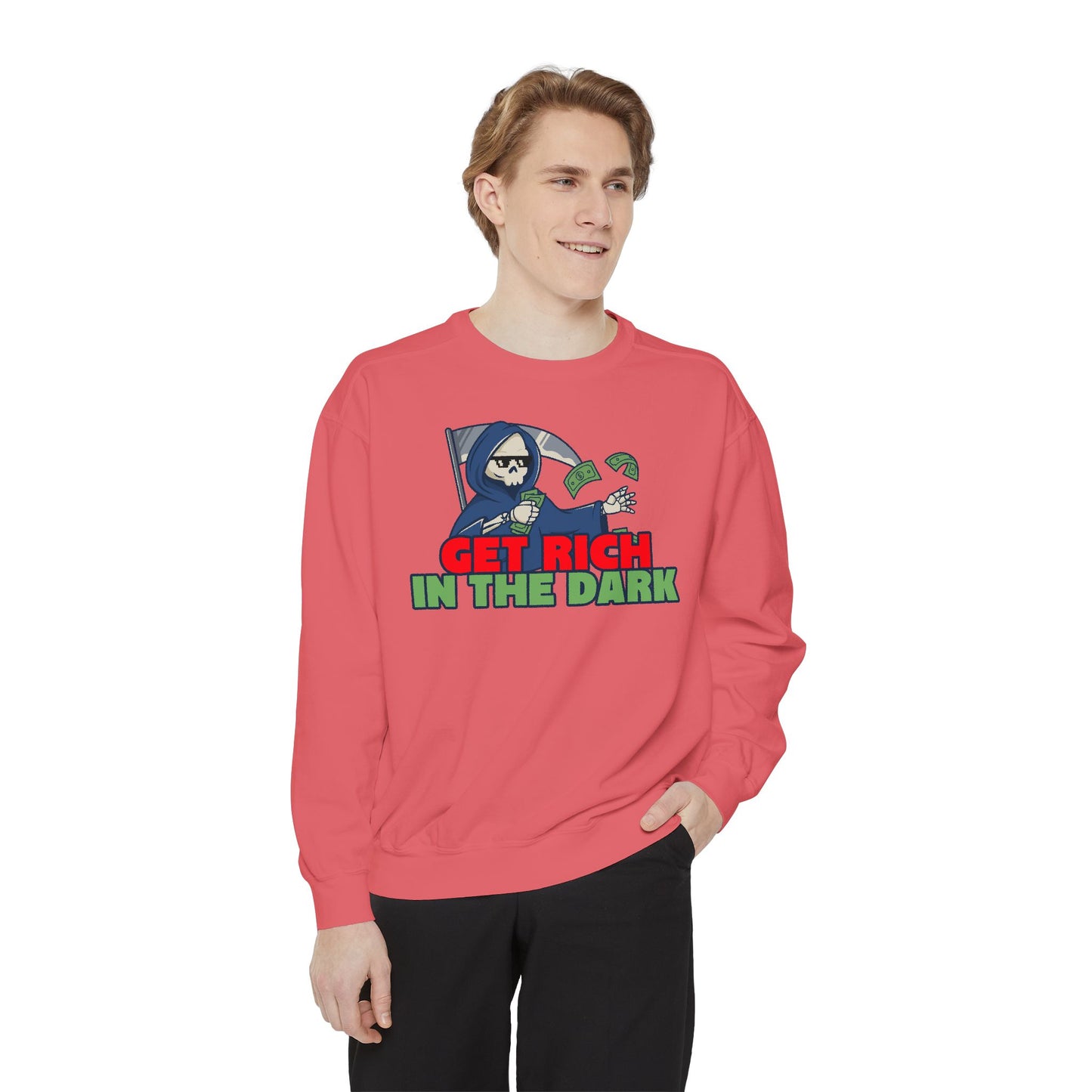 Unisex Motivational Sweatshirt - Get Rich in the Dark, Perfect for Entrepreneurs, Trendy Gift, Casual Wear, Cozy Fashion