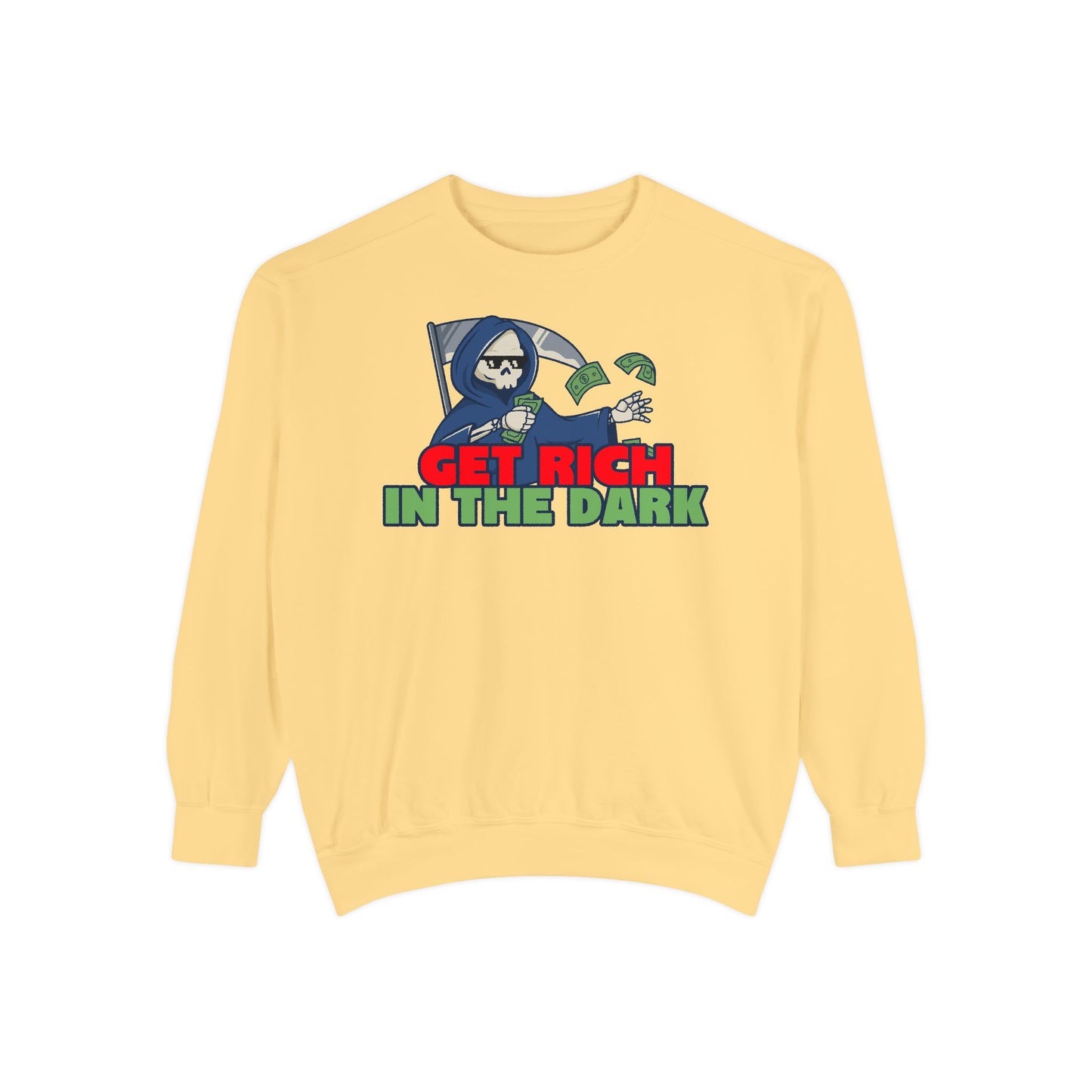 Unisex Motivational Sweatshirt - Get Rich in the Dark, Perfect for Entrepreneurs, Trendy Gift, Casual Wear, Cozy Fashion