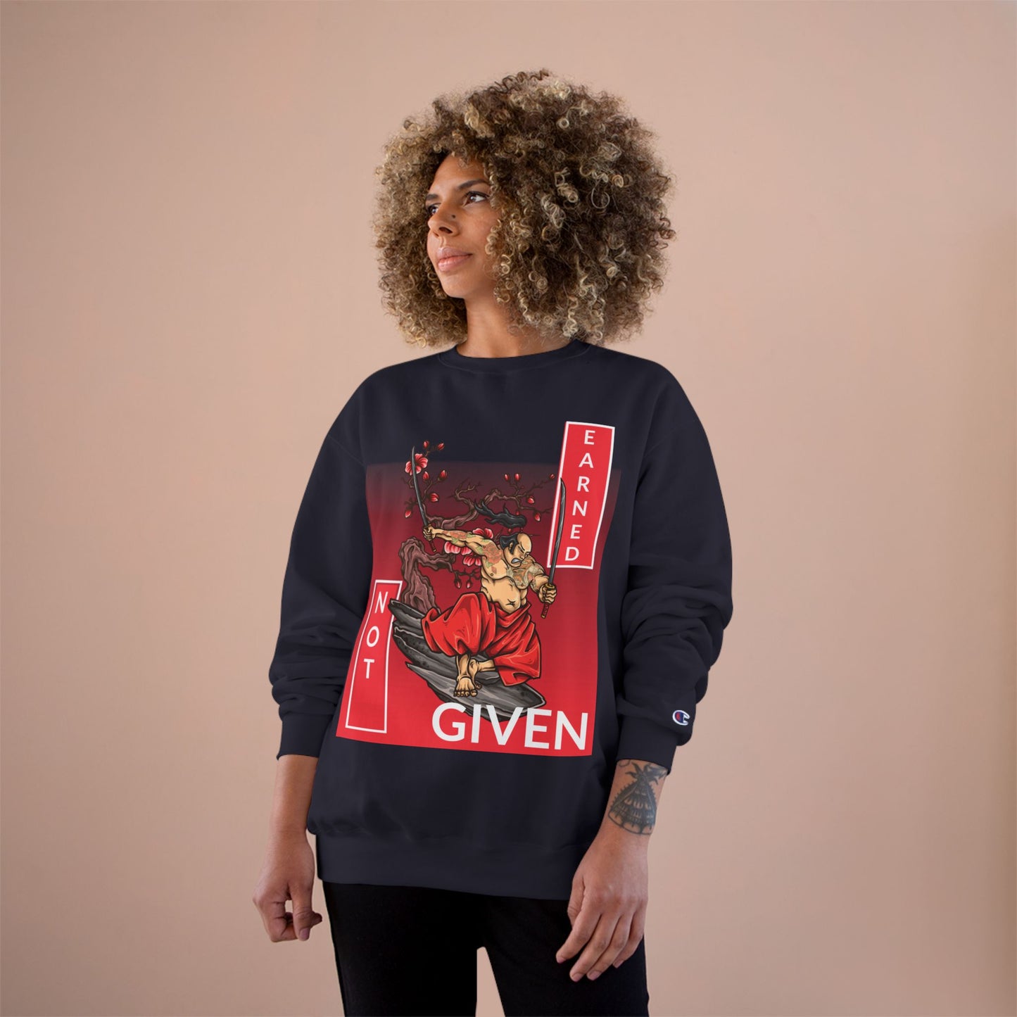 Champion sweatshirt™ Not Given Earned samurai illustration Sweatshirt | Japanese warrior, cherry blossom
