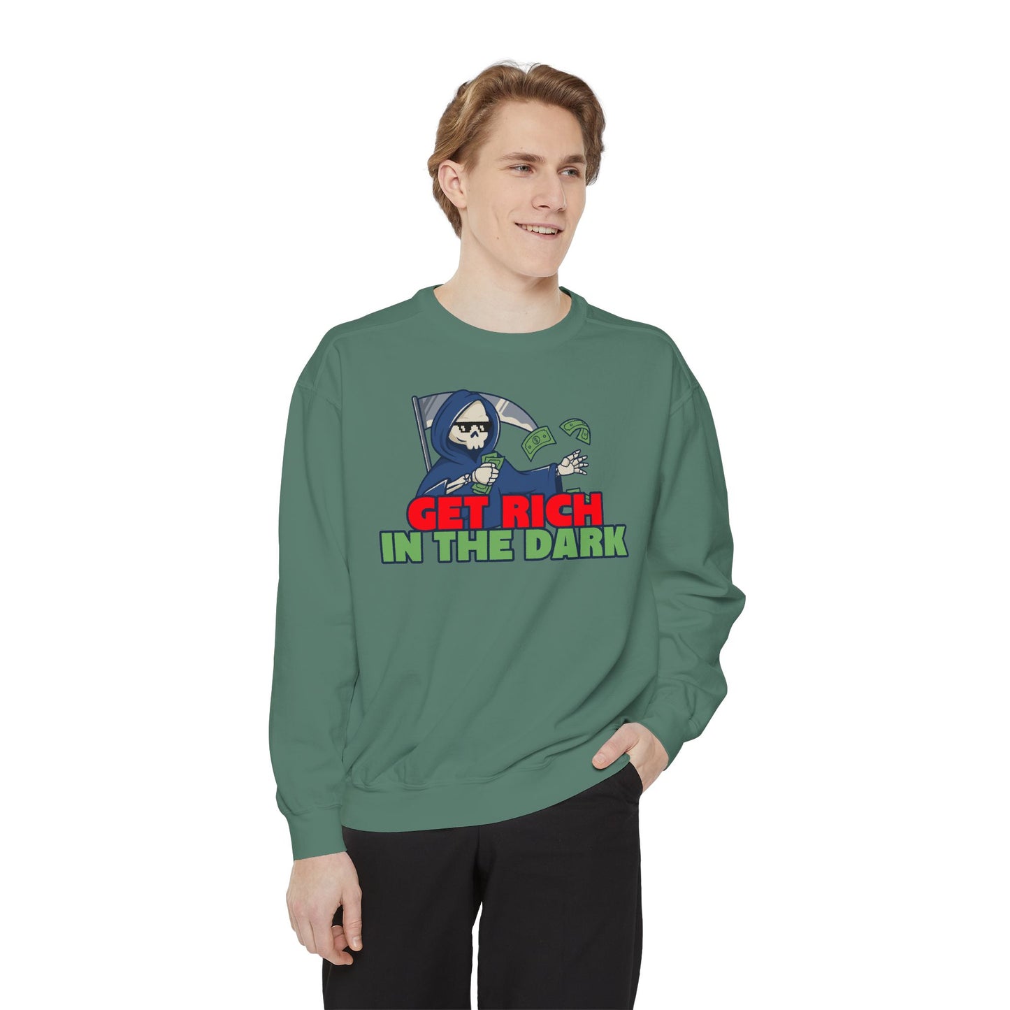 Unisex Motivational Sweatshirt - Get Rich in the Dark, Perfect for Entrepreneurs, Trendy Gift, Casual Wear, Cozy Fashion