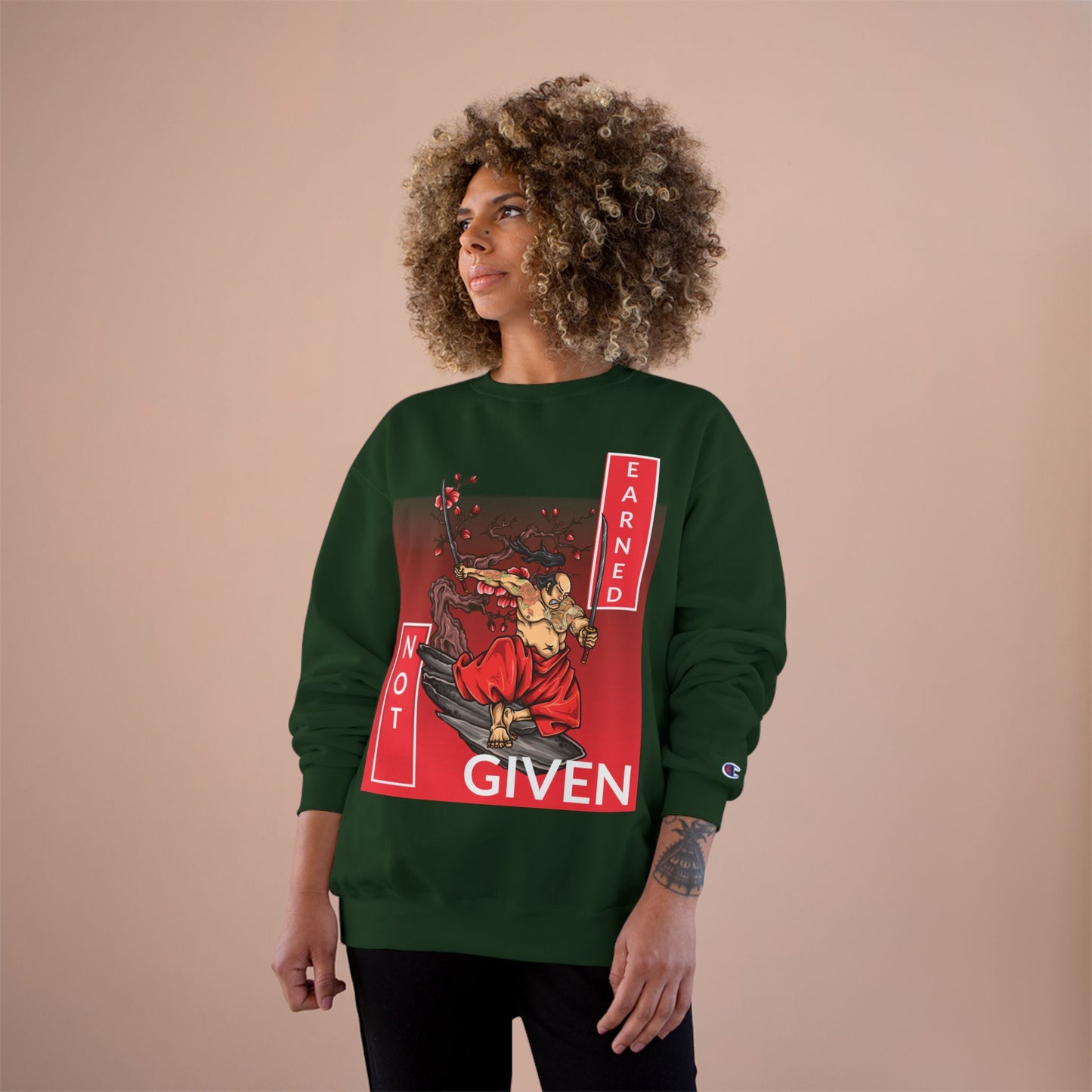 Champion sweatshirt™ Not Given Earned samurai illustration Sweatshirt | Japanese warrior, cherry blossom