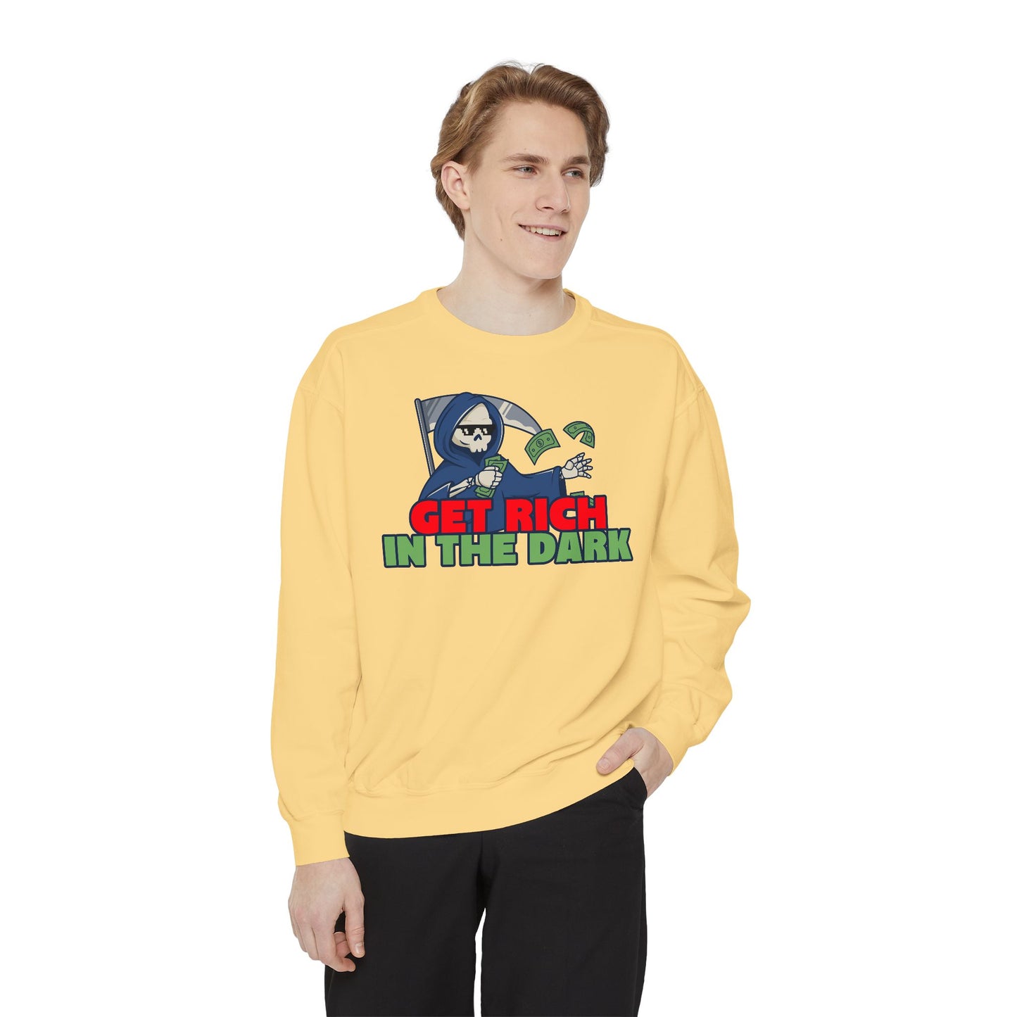 Unisex Motivational Sweatshirt - Get Rich in the Dark, Perfect for Entrepreneurs, Trendy Gift, Casual Wear, Cozy Fashion