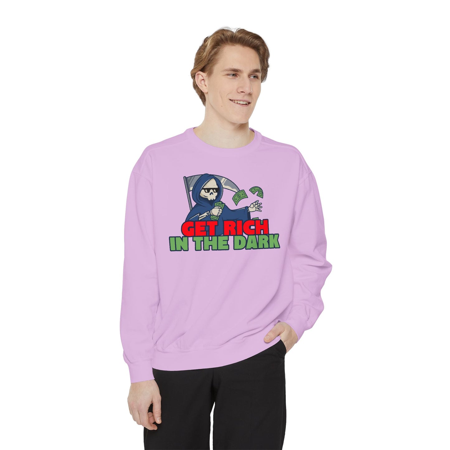 Unisex Motivational Sweatshirt - Get Rich in the Dark, Perfect for Entrepreneurs, Trendy Gift, Casual Wear, Cozy Fashion