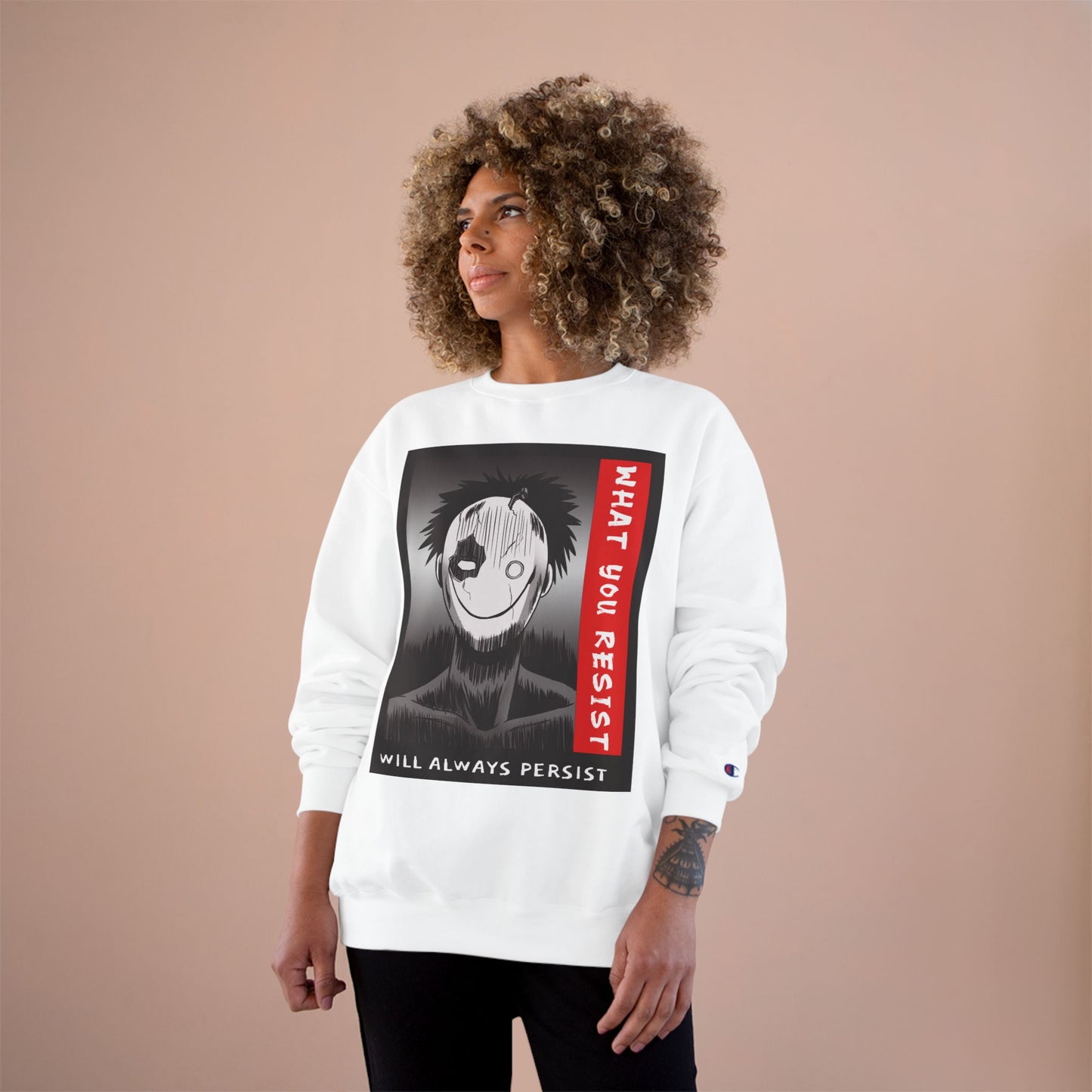 Creepy Smiling Mask Character Sweatshirt | "What You Resist" Graphic